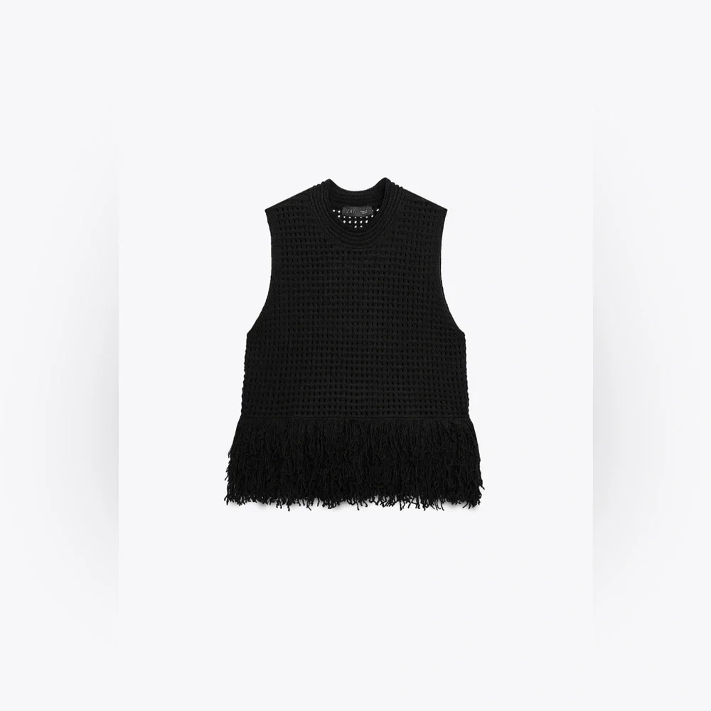 NWT ZARA Fringed Check Knit Sleeveless Top Eco-Friendly Black Size M - Picture 4 of 10